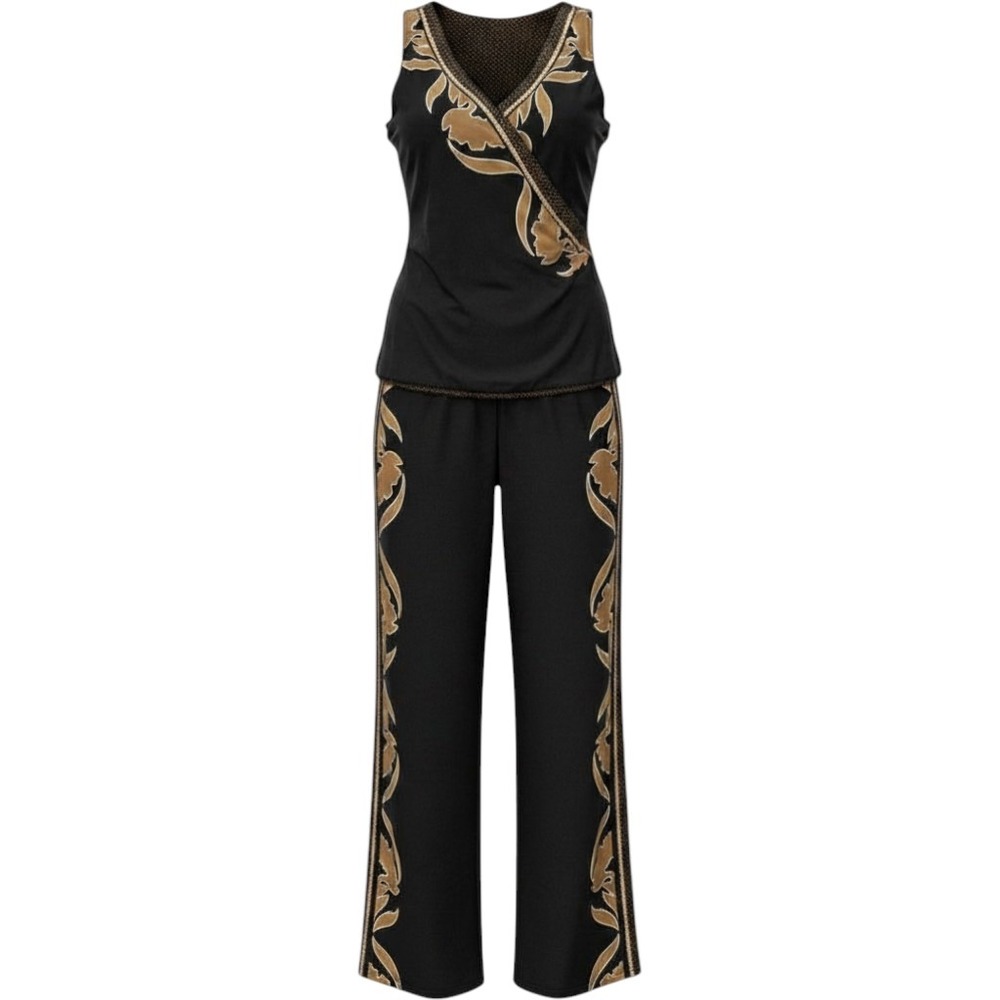 Unbranded 2 Piece Pant Set Womens Small Black Gold Excellent Reversible Wide Leg